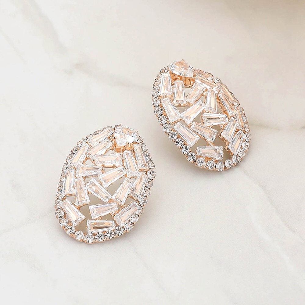 Rose Gold Cubic Zirconia Oval Statement Earrings